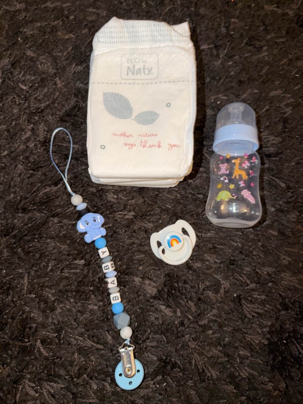 Naty Baby Diaper Pack with Blue Baby Bottle & Pacifier Set
